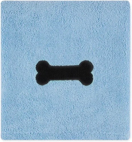 Miniatura 2 de Bone Dry Pet Drying Collection - Toalla de microfibra bordada para mascotas, XL, 41 x 23.5 pulgadas, color celeste con huella de hueso negra Azul
