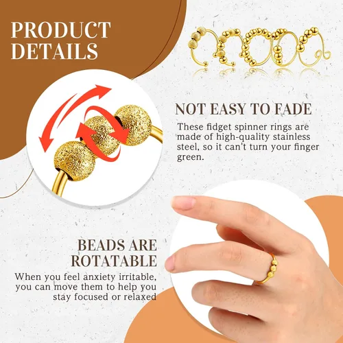 Miniatura 4 de Yinkin 30 anillos para ansiedad para mujeres, de acero inoxidable, ajustable, con cuentas, para hombres y adultos, alivio del estrés (dorado)
