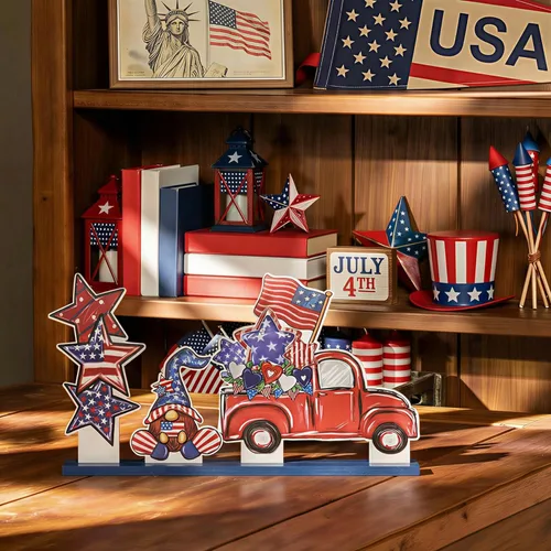 Miniatura 6 de Smile - Juego de decoración patriótica de madera, 3 piezas con bandeja escalonada del 4 de julio con camión rojo, gnomo y pila de estrellas