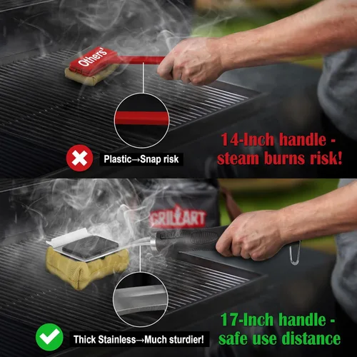 Miniatura 6 de GRILLART Cepillo de parrilla sin cerdas, herramienta de limpieza de vapor segura, cabezal reemplazable para cualquier tipo de rejilla, mango largo
