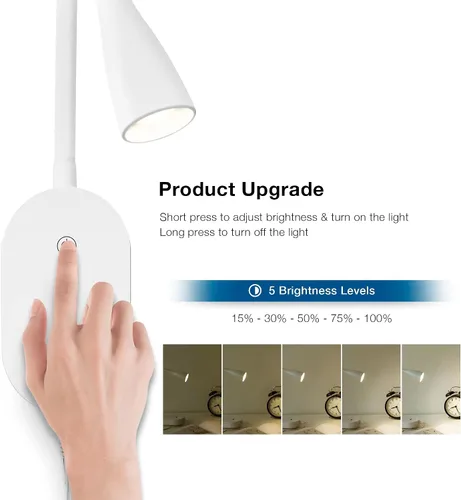 Miniatura 5 de Luz de lectura de pared para libros en la cama, lámpara de pared de cabecera con salida USB, lámpara de lectura regulable con 5 controles táctiles