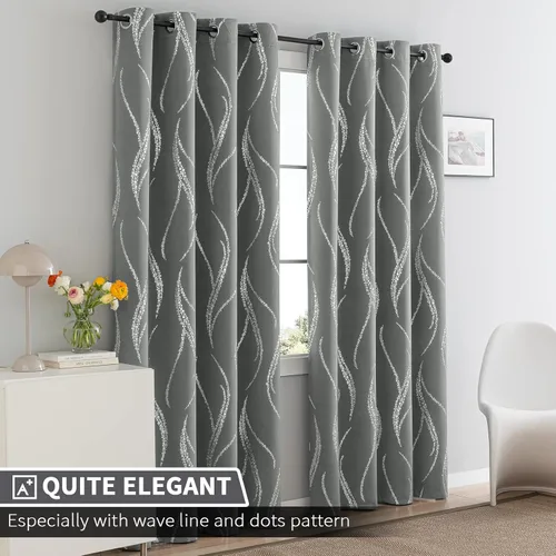 Miniatura 2 de Yakamok Cortinas opacas de 95 pulgadas de largo para sala de estar, con aislamiento térmico, patrón de línea ondulada plateada, patrón de puntos