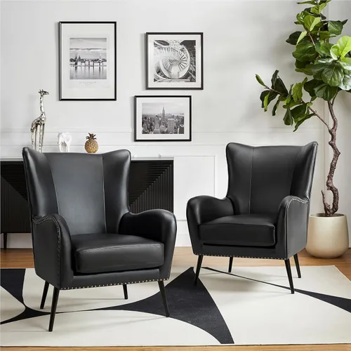 Miniatura 23 de HULALA HOME Silla decorativa de piel sintética con cojín extraíble, cómodo sillón tapizado con patas de metal negro y ribete de cabeza de clavo