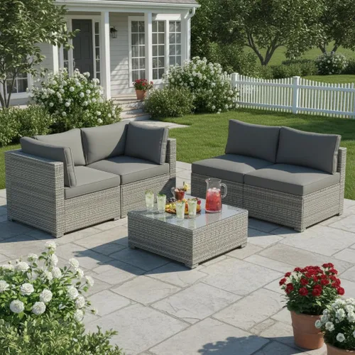 Miniatura 23 de Tangkula Juego de muebles de mimbre de patio de 7 piezas, juego de sofá modular de ratán para 6 personas con cojines de asiento y respaldo, 2 Azul
