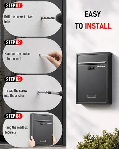 Miniatura 9 de Uniclife Buzón de Montaje en Pared para Exterior, Buzón Grande con Cerradura de Combinación, Buzón de Seguridad para Casa, Caja Segura para Depósito