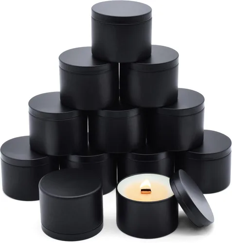 Paquete de 12 tarros de velas, latas de velas de 8 onzas con tapas, tarros de velas de metal vacíos para hacer velas a granel, color negro Negro