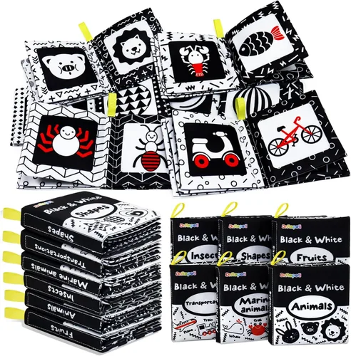 Dr.Rapeti Libros de tela suave para bebés, libros de baño, paquete de 6 para bebés, niños pequeños, de alto contraste, blanco y negro, arrugado,