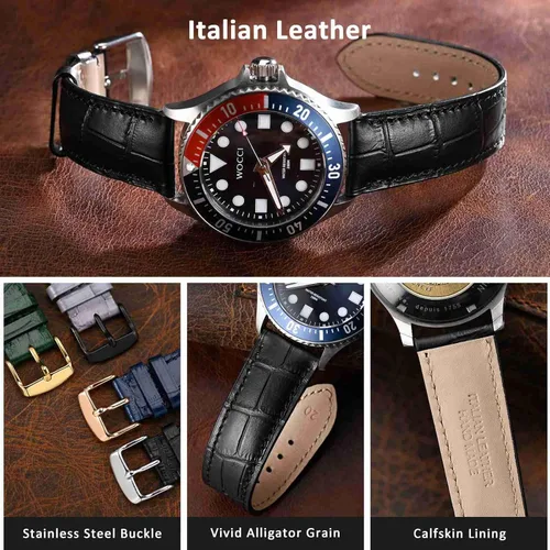 Miniatura 3 de WOCCI - Correas para reloj de cuero italiano, grano de cocodrilo en relieve, elige color y ancho 14 mm 18 mm 19 mm 20 mm 21 mm 22 mm, Negro