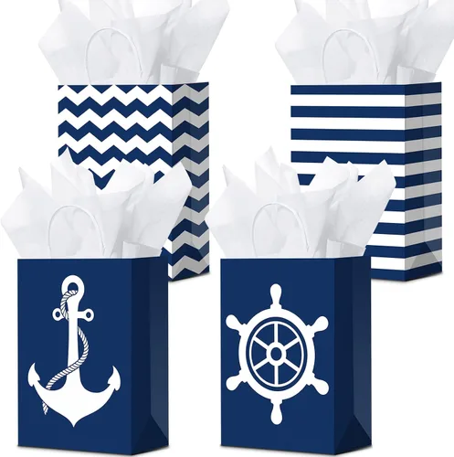 Miniatura 8 de Sepamoon Paquete de 16 bolsas de regalo náuticas, bolsas de papel para fiestas náuticas y papel de seda con asas, anclajes marinos, golosinas