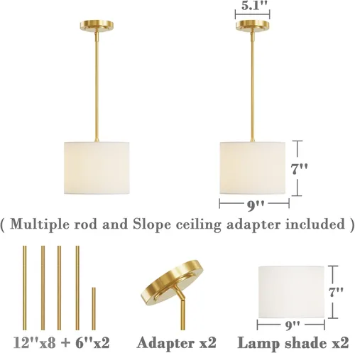 Miniatura 6 de Electro bp; Lámpara colgante con pantalla de tambor de lino blanco de 9 pulgadas de diámetro con kit de poste dorado pulido, E26, cableado, paquete