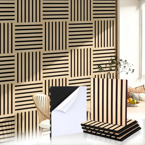 Miniatura 8 de Geelin 8 piezas paneles de pared de madera 3D autoadhesivos para despegar y pegar, paneles de listones de madera con textura acústica