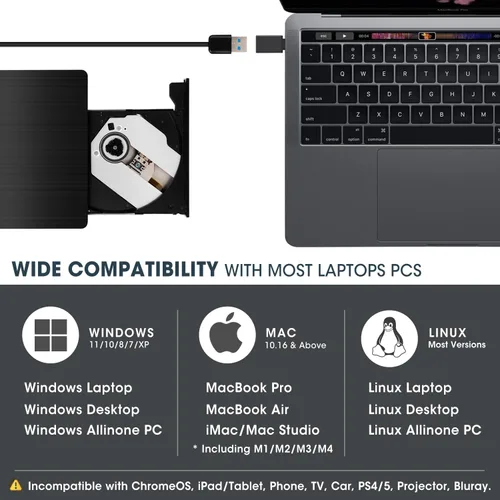 Miniatura 5 de Unidad de CD/DVD externa ROOFULL para portátil, USB 3.0, CD/DVD-ROM +/-RW, lector, reproductor, grabador, quemador, con estuche de transporte