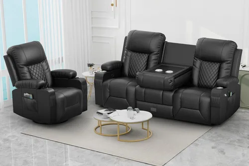 Miniatura 27 de FURNIMAT Sofá reclinable biplaza, sofá reclinable doble de 3 plazas con consola abatible, moderno sofá biplaza de cuero PU para sala de estar/casa