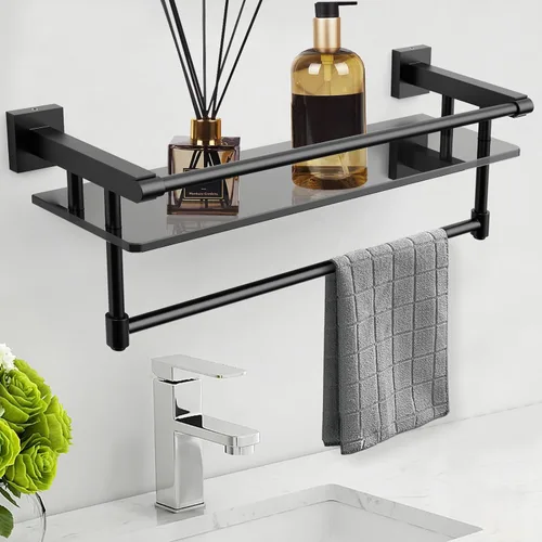 Estante de vidrio para baño de 20 pulgadas, estantes de baño con barra para toallas, estantes de vidrio templado con soporte para toallas de acero