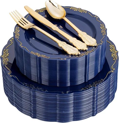 Miniatura 14 de DaYammi 150 platos de plástico negro plateado y cubiertos de plástico plateado, platos desechables de plata negra para incluir 30 platos llanos, 30