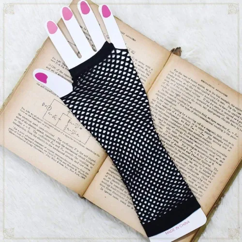 Miniatura 3 de Guantes de red negros Mangas largas de encaje elástico para brazos, accesorio de fiesta, guantes huecos sin dedos de nailon negro de los años 20