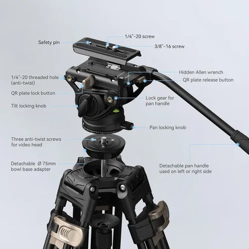 Miniatura 6 de SmallRig AD-80 FreeBlazer - Sistema de trípode de video resistente, 75 pulgadas de alto, cabezal fluido, ajuste de altura de un solo paso, placa QR