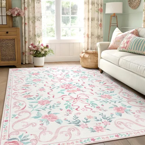 Miniatura 44 de Alfombra de área de 5 x 7 pies para sala de estar, alfombra verde boho antideslizante lavable, alfombra vintage de pelo bajo, alfombra grande