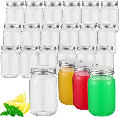 Gerrii 24 tarros de plástico transparente de 16 onzas con tapas, vasos de cóctel rellenables, envases de avena vacíos durante la noche, recipientes
