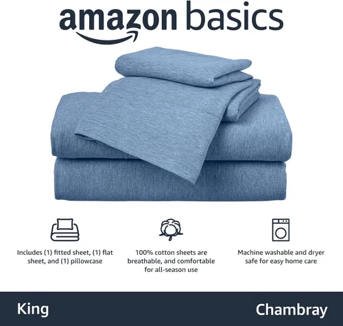Miniatura 3 de Amazon Basics Cotton Jersey - Juego de sábanas de 4 piezas, tamaño King, color azul cambray, sólido Chambray
