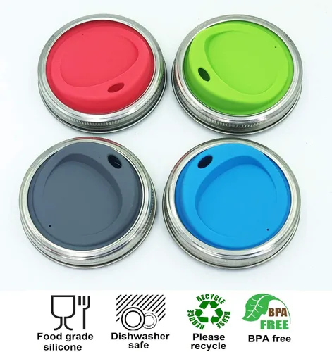 Miniatura 2 de Kit de tapa reutilizable de silicona de grado alimenticio y sin BPA para beber jugo de café con anillos de acero inoxidable para mason, bolas