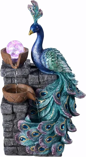 MAOCHI Fuente de sobremesa decorativa, pavo real con LED, esfera de vidrio que cambia de color, fuente de agua Zen decorativa y relajante para