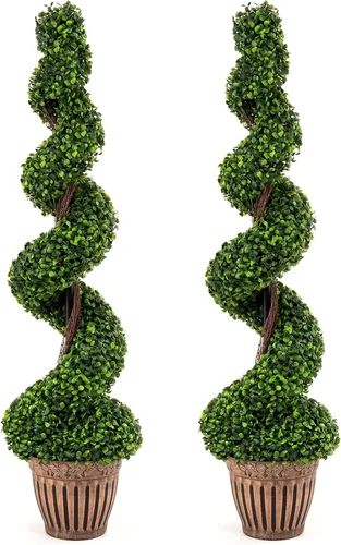 Miniatura 10 de Goplus Topiario artificial en espiral de 4 pies para exteriores, juego de 2 topiarios de imitación con maceta de plástico vintage, planta falsa