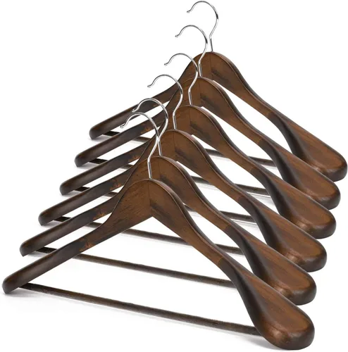 Miniatura 9 de JS HANGER Perchas de madera para trajes, paquete de 6 perchas de madera extra anchas con barra antideslizante para pantalones, acabado natural extra