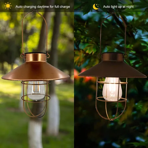 Miniatura 2 de Farol solar colgante para exteriores, faroles vintage de metal cobre, luces colgantes solares blancas cálidas, diseño de bombilla Edison impermeable