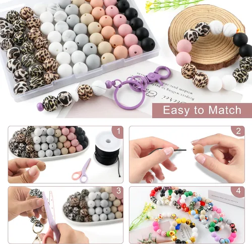 Miniatura 5 de 70 cuentas de silicona impresas para hacer llaveros, cuentas redondas de silicona de 0.59 pulgadas para hacer bolígrafos, collares y pulseras