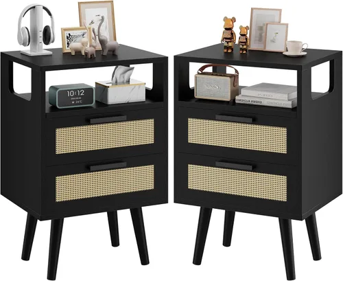 YMYNY Juego de 2 mesitas de noche de ratán, mesa auxiliar bohemia con 2 cajones, estante abierto con diseño arqueado, patas de madera maciza, Negro