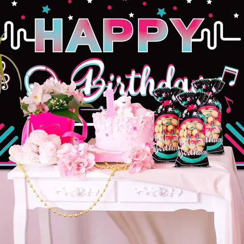 Miniatura 5 de 100 bolsas de celofán para fiestas musicales, color negro, rosa, azul, feliz cumpleaños, bolsas de plástico para dulces, bolsas de regalo con 100