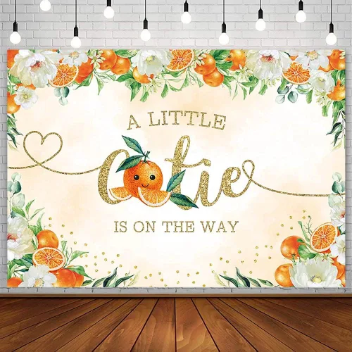 AIBIIN Telón de fondo naranja de 7 x 5 pies para baby shower con texto en inglés "A Little Cutie is on the Way" (Un pequeño cutie is on the way)