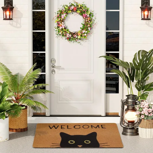 Miniatura 8 de Tapete para Puerta de Gato Tapete de Bienvenida, Gato Negro con Ojos Verdes Tapete para Puerta, Tapetes de Bienvenida Antideslizantes de Gato
