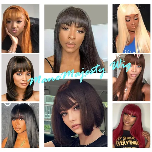 Miniatura 7 de Peluca de cabello humano lacio rubio 613 de 15 pulgadas con flequillo, sin pegamento, sin encaje frontal, Yaki Bob para mujer