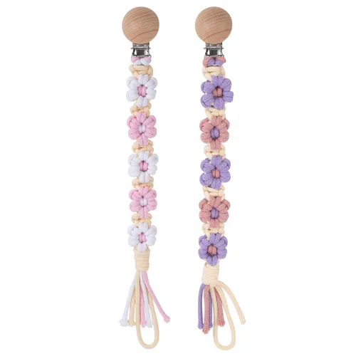 Miniatura 15 de Clip para chupete para niños y niñas, diseño de margaritas florales, macramé, clip para chupete, correa bohemia de madera hecha a mano de algodón