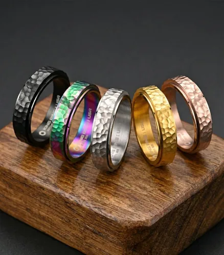 Miniatura 6 de King Ring 6mm Hammered Spinner Ring – Fidget Ring for Men & Women – Designed in USA plateado