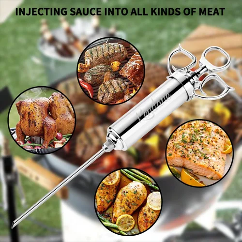 Miniatura 3 de Jeringa inyectora de carne 2-oz de sabor adobo en acero inoxidable 304 con 3 agujas de marinado para parrilla, ahumador, pavo, pescado, res, incluye
