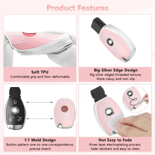 Miniatura 5 de PIFOOG Funda para llavero Mercedes, 3 botones, color rosa, TPU brillante, accesorios para llaves de automóvil, funda protectora para Mercedes Benz