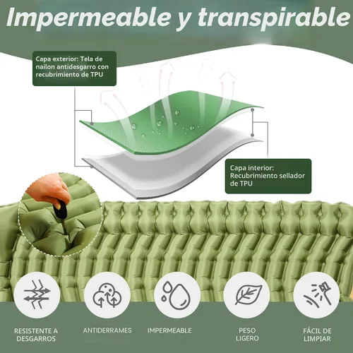 Miniatura 3 de Colchoneta doble para acampar – Colchón de aire ultraligero con almohadas, bomba de pie integrada, alfombrilla portátil inflable compacta para 2
