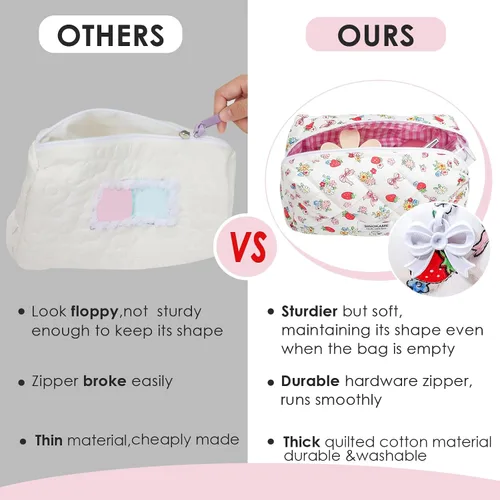 Miniatura 8 de SINOKAME Bolsa de maquillaje acolchada, bolsa de cosméticos hecha a mano de fresa, estuche organizador de maquillaje floral de coqueta, organizador