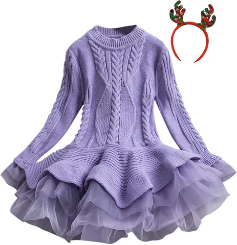 Miniatura 5 de Suéter de Navidad de ganchillo de invierno para niñas pequeñas, vestido de punto y banda para el cabello (morado, 2-3 años)