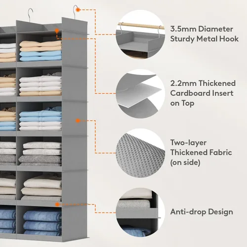 Miniatura 4 de Lifewit Estante colgante de doble fila para armario, estantes de ropa con 3 ganchos resistentes para organización de ropa, contenedor plegable