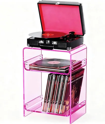 Miniatura 16 de Mesa para tocadiscos de acrílico con estante de almacenamiento, mesa auxiliar transparente para noche (verde, grande)