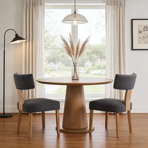 Miniatura 8 de Juego de 2 sillas de comedor modernas, sillas de cocina tapizadas con respaldo curvo, sillas de comedor de lino de granja, cómodas sillas de madera