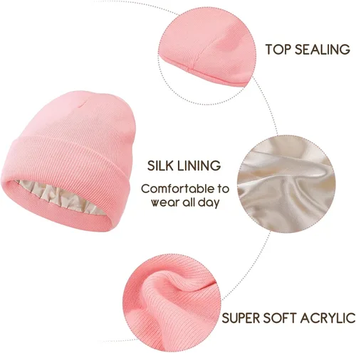 Miniatura 4 de Century Star Gorros de punto con forro de satén para mujer, con forro de seda, gorro de invierno con puños, para esquiar