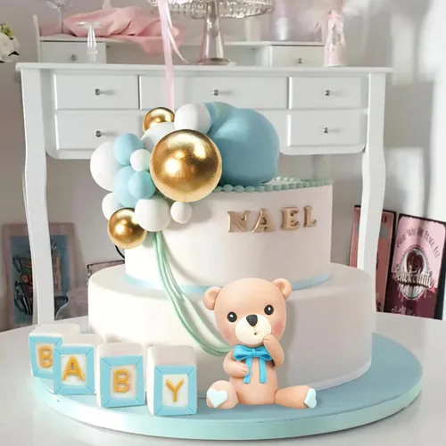 Miniatura 6 de Decoración para tartas de oso, decoración de pastel de oso con letras azules, esferas doradas y azules y blancas de perlas para suministros
