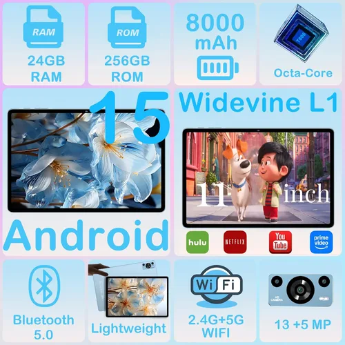 Miniatura 2 de Tablet de 11 pulgadas, tabletas Android 15 2026 con Octa Core, 24GB+256GB, cámara de 13+5MP, tabletas electrónicas con Widevine L1, batería de Azul
