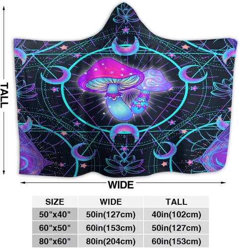 Miniatura 6 de Manta con capucha de hongos para adultos, Navidad, cumpleaños, regalos para mujeres y hombres, poncho hippie morado con capucha de 40 x 50 pulgadas