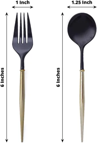 Miniatura 3 de Efavormart 24 Pack Juego de cubiertos de plástico premium negro/dorado de 6" de 24 piezas, cubiertos desechables modernos y resistentes de plata